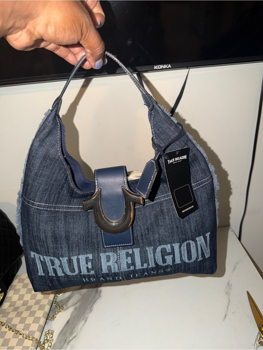True Religion Denim Hobo Shoulder Bag in Navy Blue with Branded Front